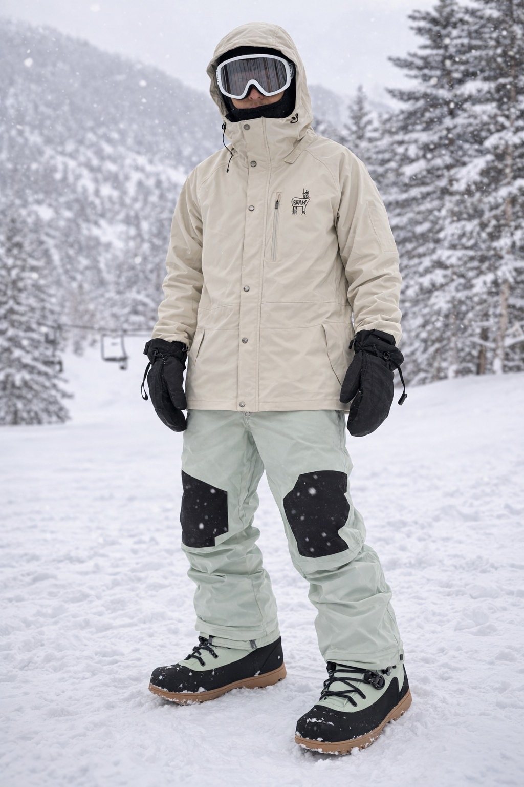 KM4K outerwear worn in snowy mountain conditions
